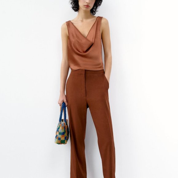 NWT Zara Brown Draped Satin Effect Top - Picture 7 of 15